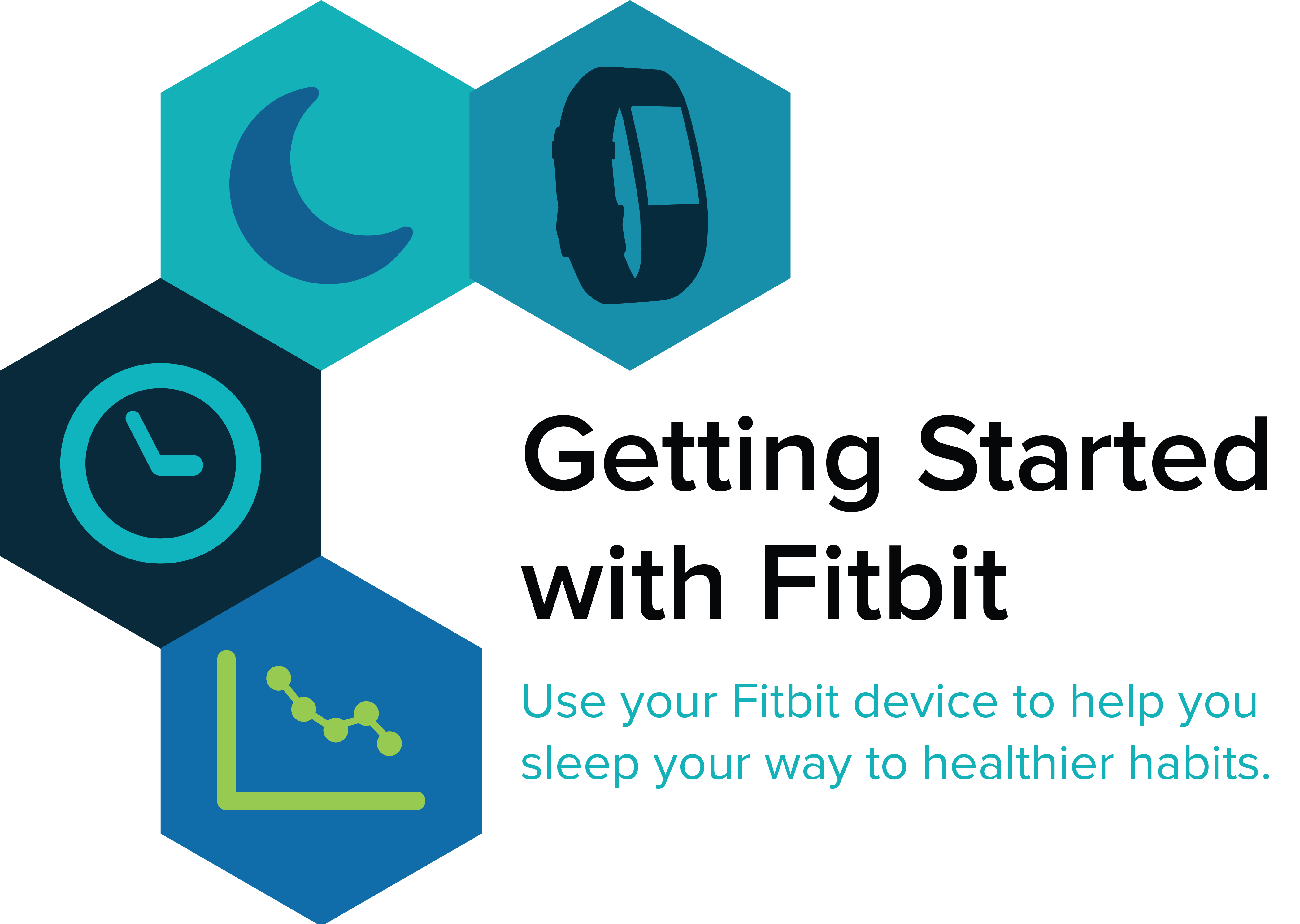 A tracker, moon, clock, and graph with the text: Getting started with Fitbit. Use your Fitbit device to help you sleep your way to healthier habits.